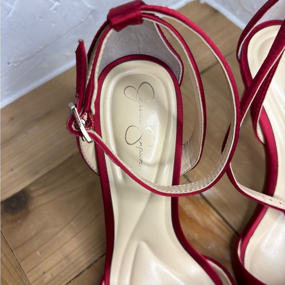 Jessica Simpson Red Satin Rhinestone-Embellished Ankle-Strap Stiletto 7.5 - Picture 8 of 10